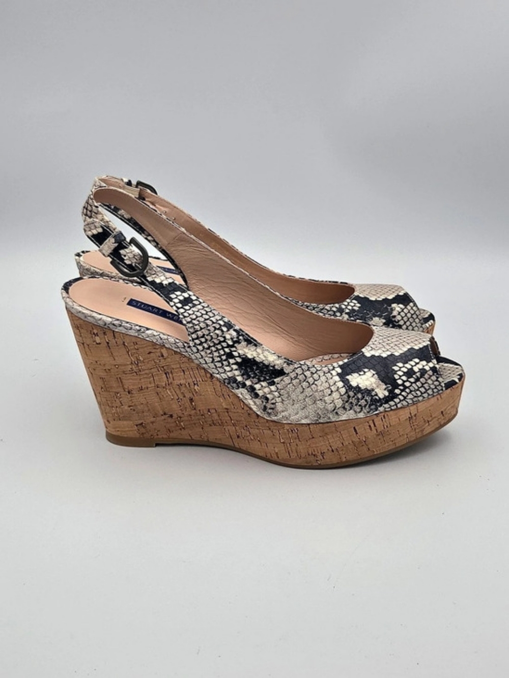 Stuart Weitzman Jean Snake Python Leather Slingback Cork Platform Wedge Sandals